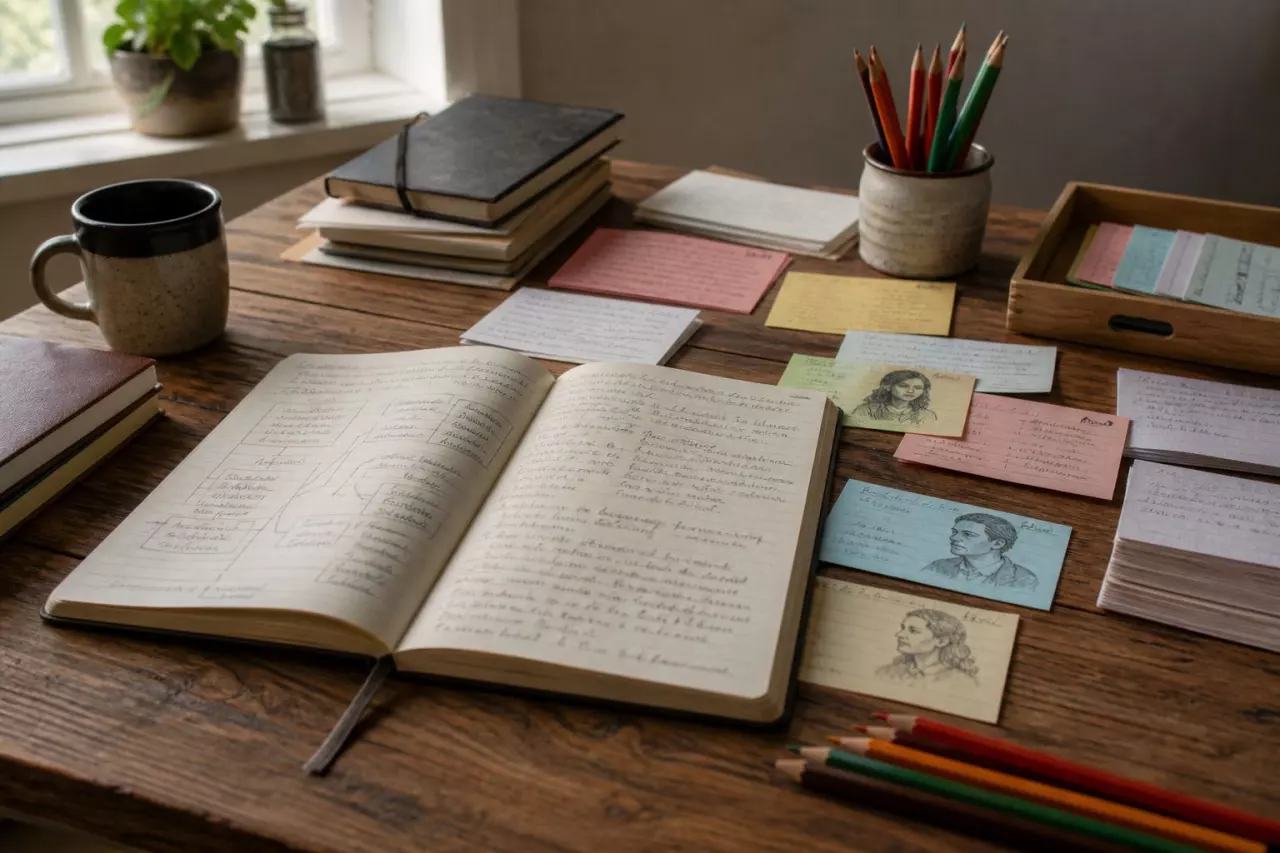 Plans de roman manuscrits et cartes de personnages étalés sur une table.