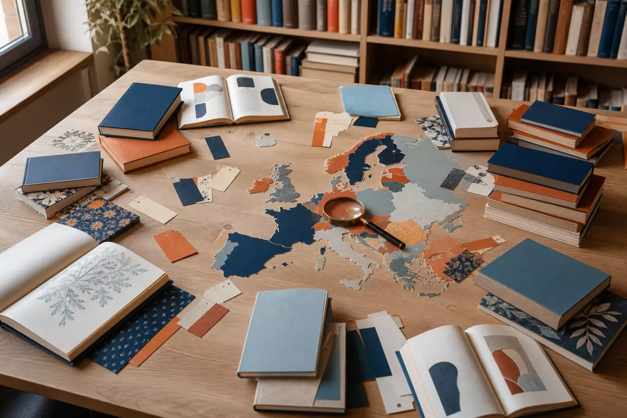 Livres et catalogues disposés autour d’une carte de l’Europe et d’une loupe.