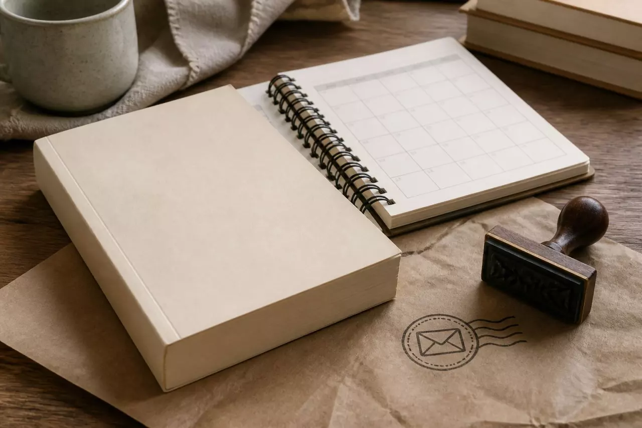 Roman posé près d’un carnet de lignes éditoriales et d’un tampon de newsletter papier.