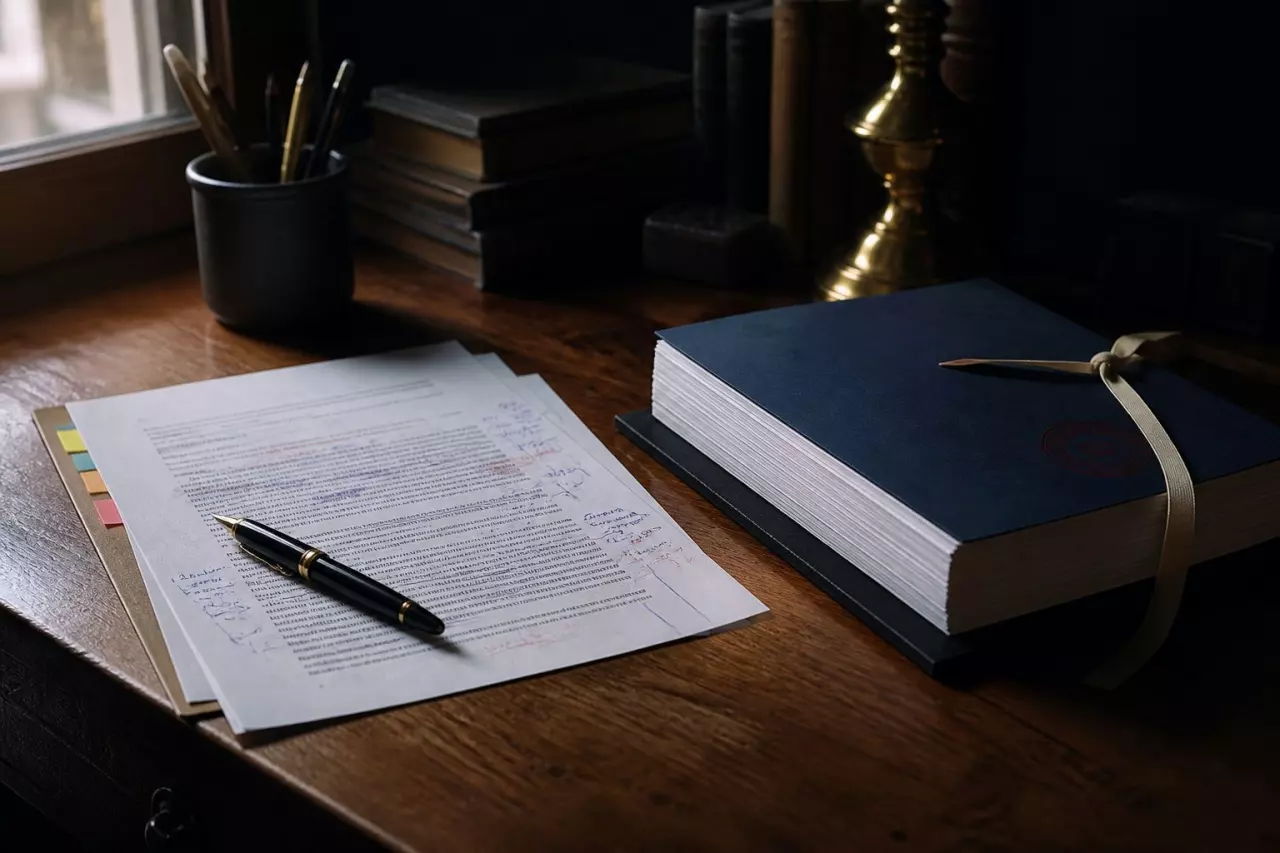 Contrat d’édition annoté et tampon à côté d’un manuscrit relié.