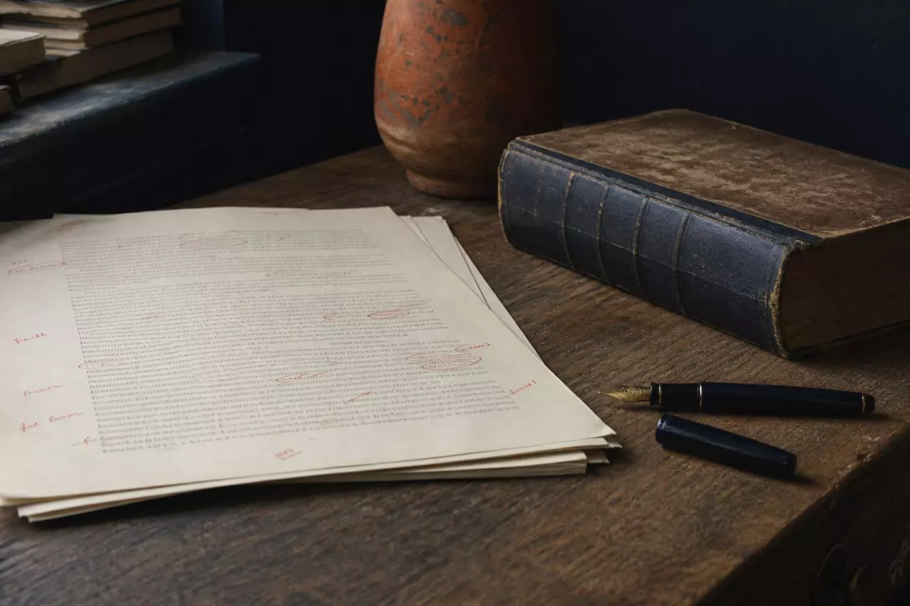 Pages d’épreuves annotées à l’encre rouge à côté d’un dictionnaire.