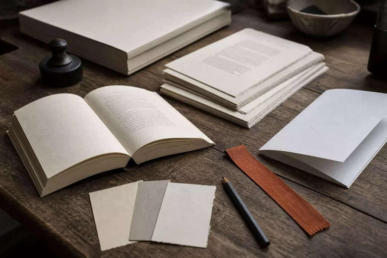 Table de fabrication d’un livre : roman broché, cahiers imprimés et papiers d’essai.