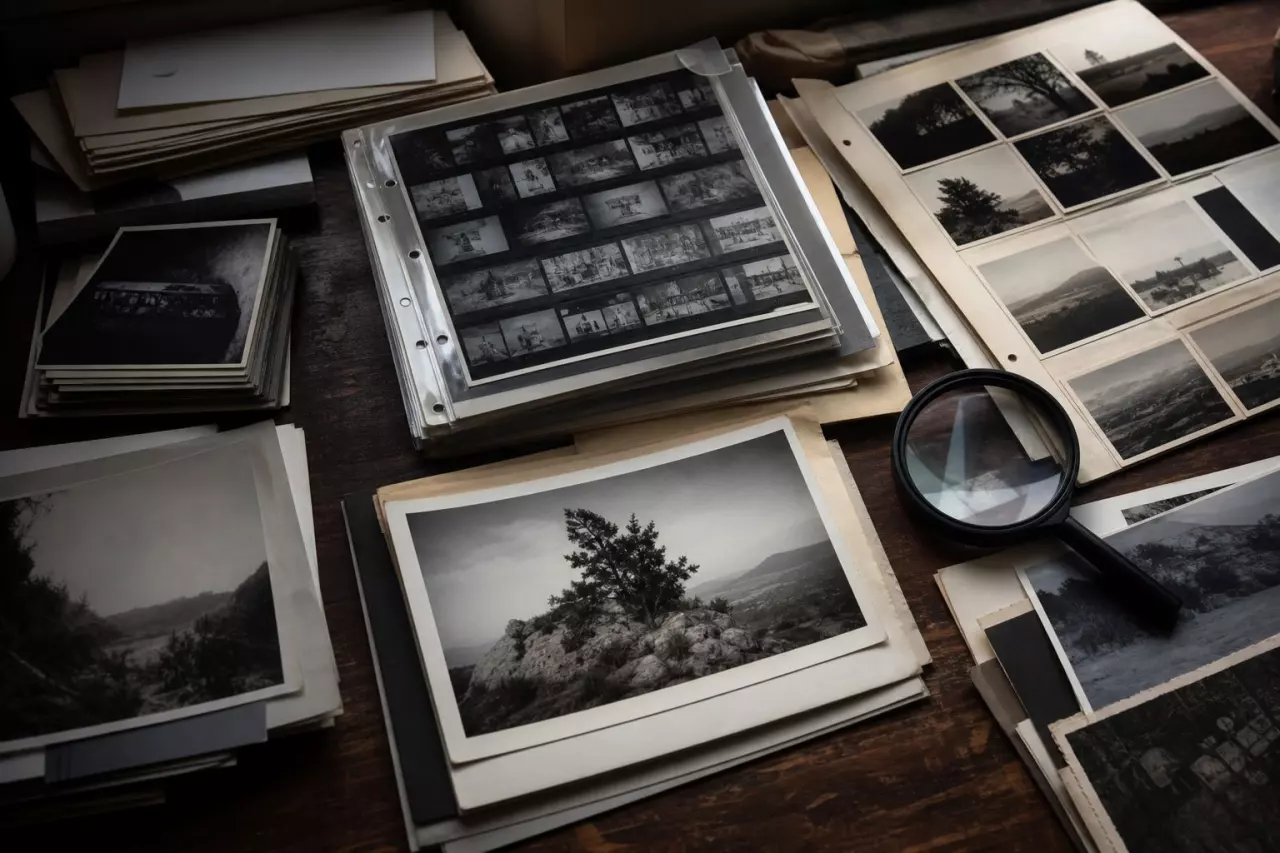 Planches contact, photos d’archives et loupe sur une table d’iconographe.