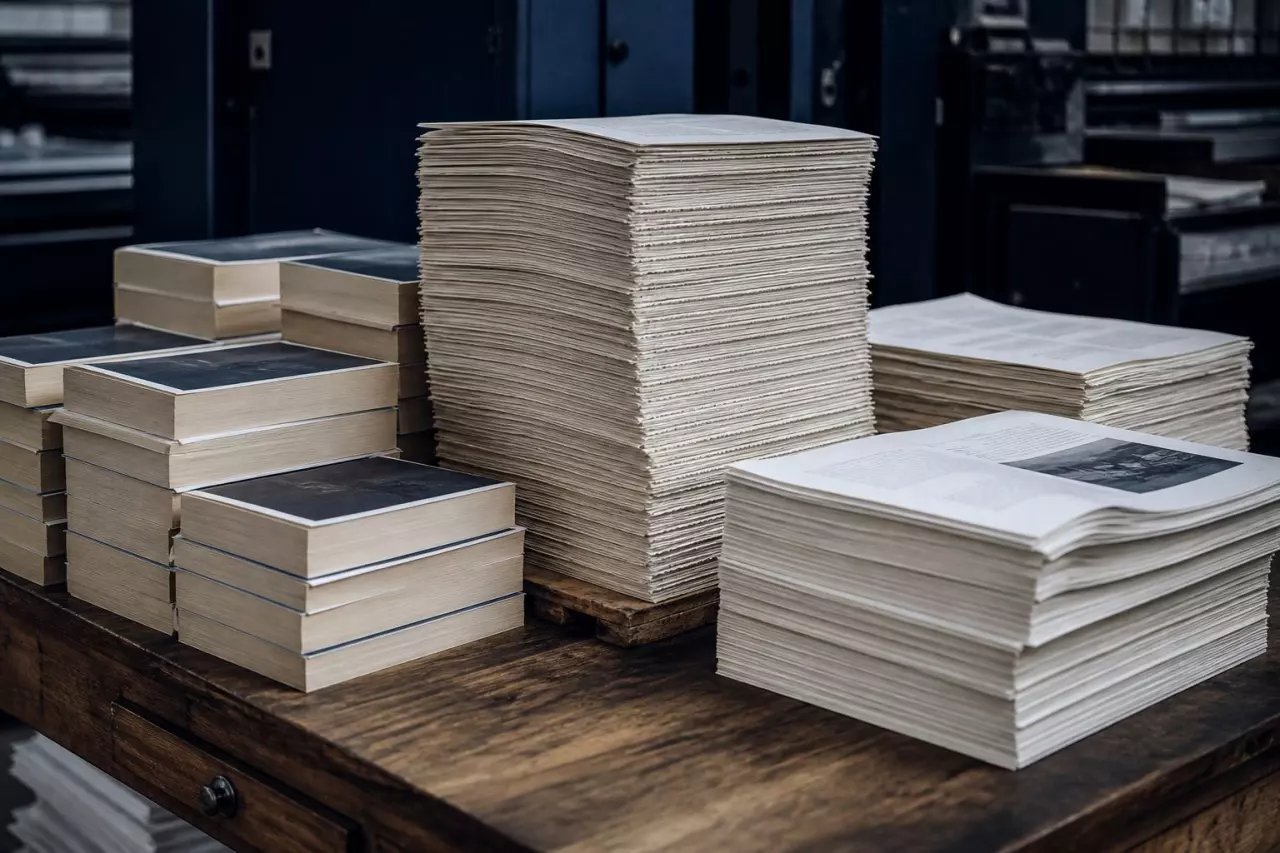 Piles de livres brochés et feuilles fraîchement imprimées chez l’imprimeur.
