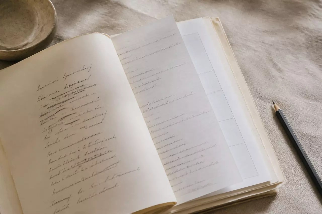Fiche de lecture dactylographiée glissée dans un manuscrit.