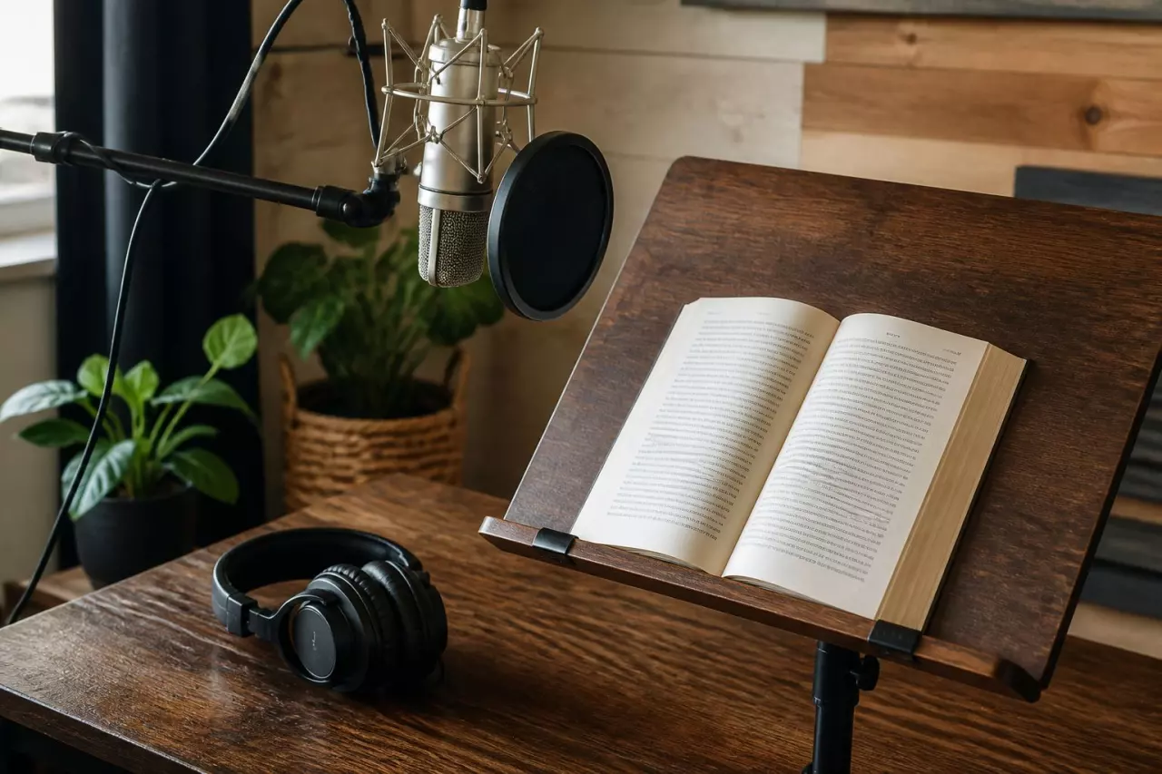 Micro de studio, pupitre et roman ouvert prêts pour une séance de narration.