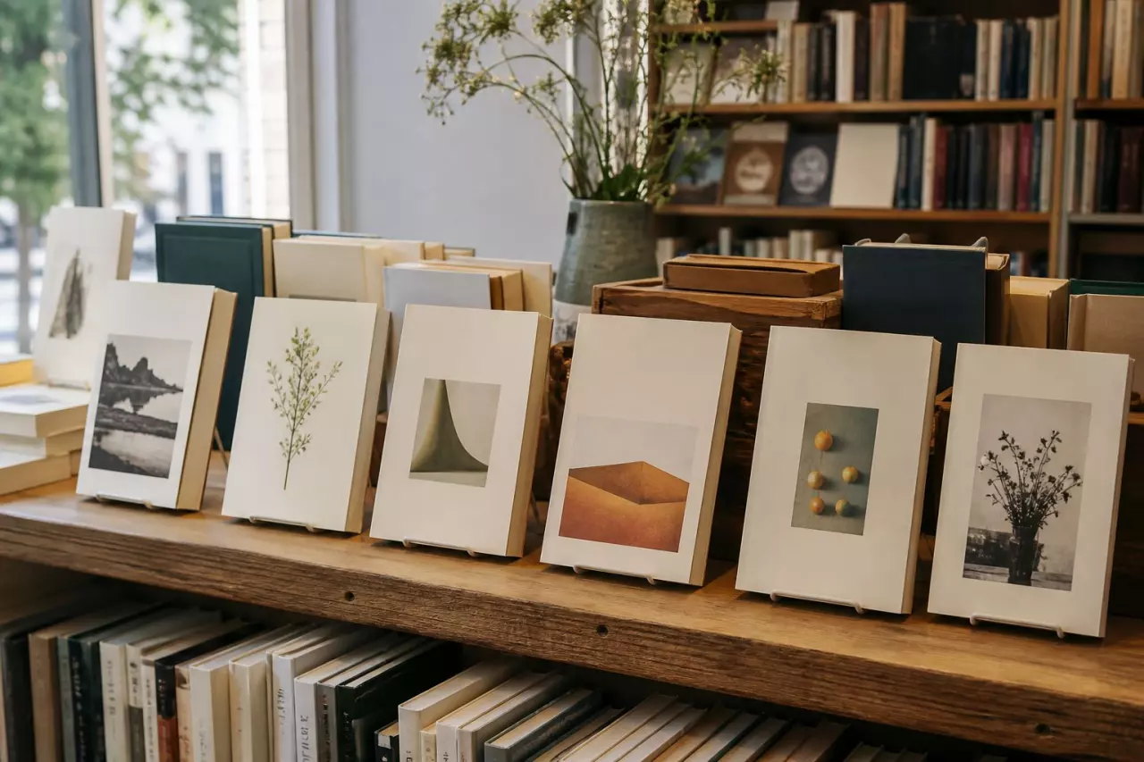 Table de librairie avec romans présentés de face près d’une caisse en bois.