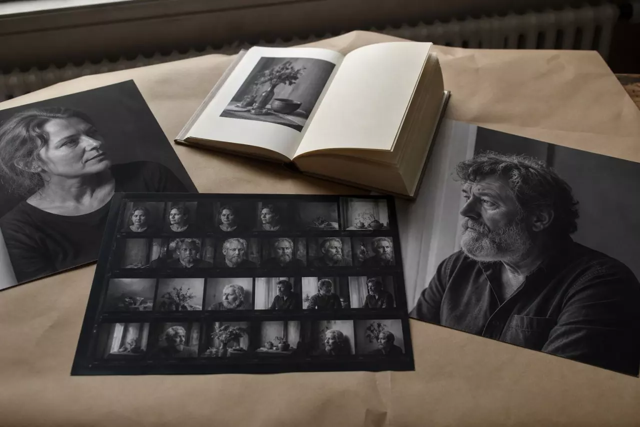 Tirages de portraits et d’un livre photographié sur fond papier kraft.
