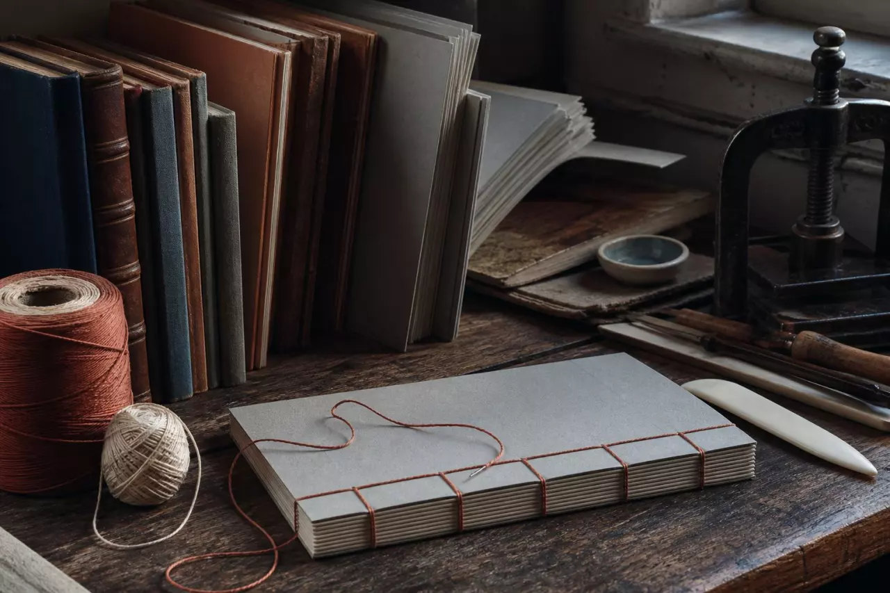 Dos de livres, carton à reliure et fil de couture sur un établi de relieur.