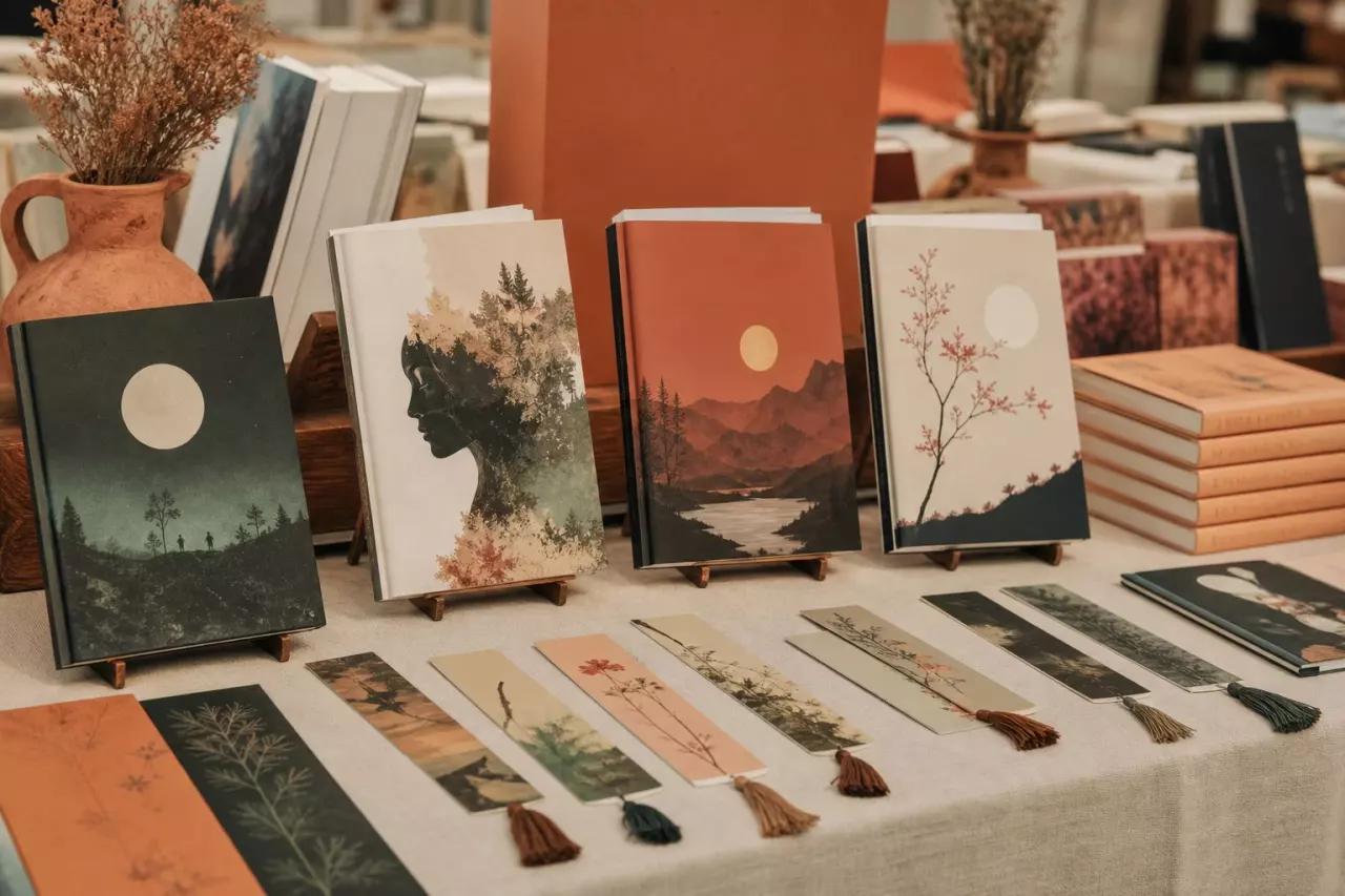 Stand de salon du livre avec romans dressés et marque-pages.