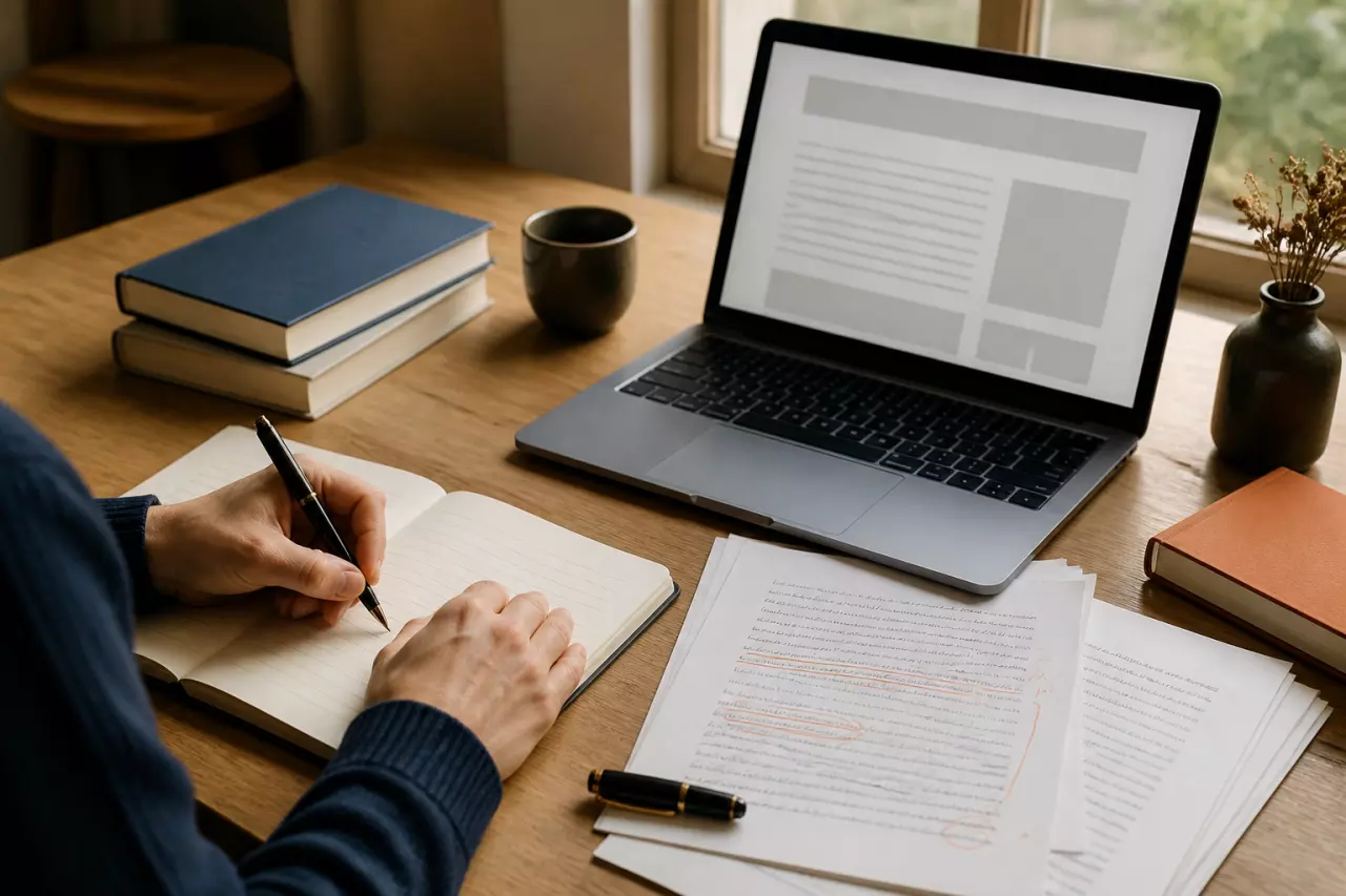 Une personne rédige un article dans un carnet, entourée de pages relues et d’un ordinateur affichant une mise en page.