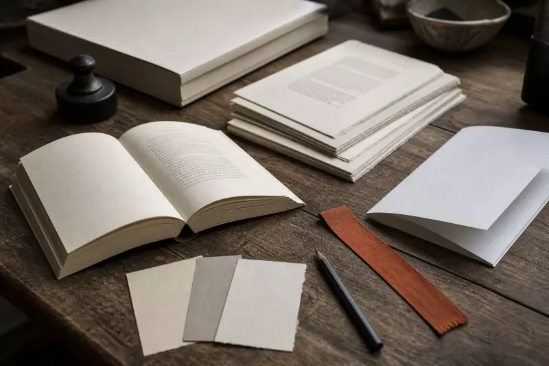 Table de fabrication d’un livre : roman broché, cahiers imprimés et papiers d’essai.