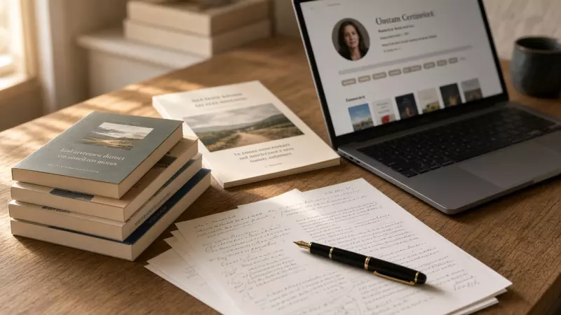 Bureau de professionnel du livre : manuscrits annotés, romans et ordinateur ouvert sur une fiche prestataire.