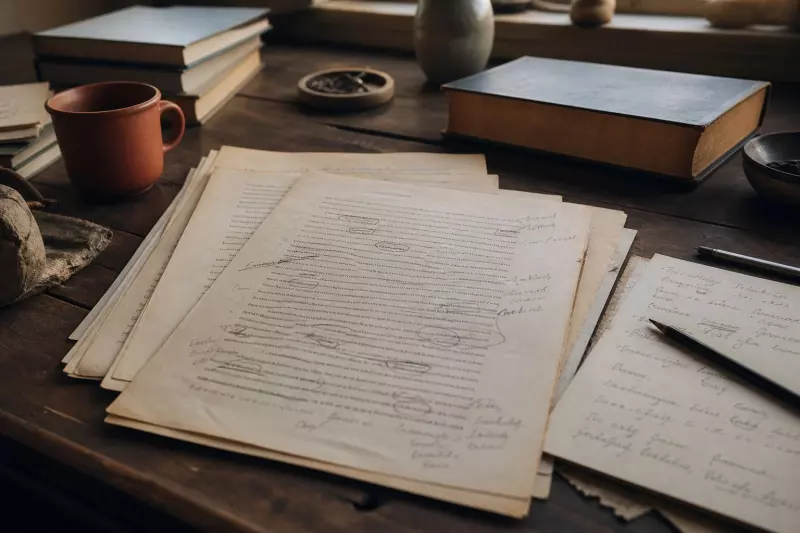 Manuscrit annoté au crayon et pages corrigées sur une table de travail.